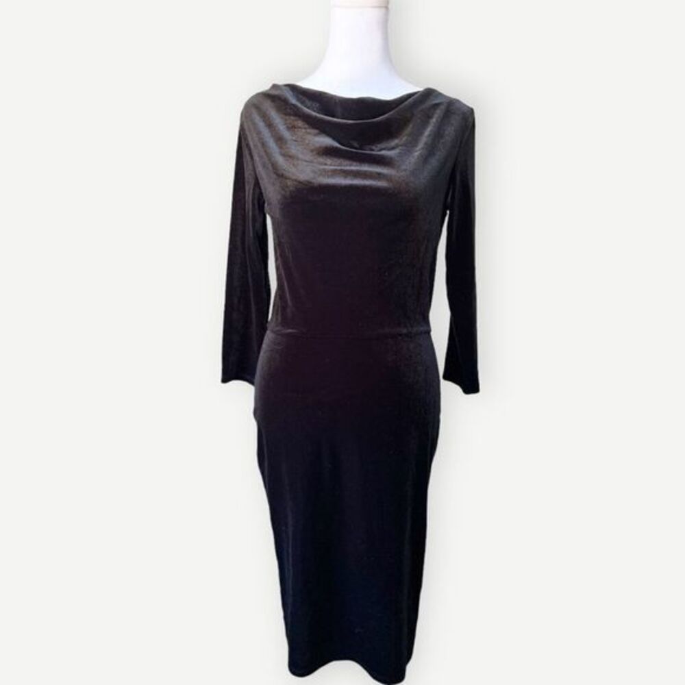 H&M Long Sleeve Black Velvet Style Cowlneck Midi Split Cocktail Hem Dress. Small